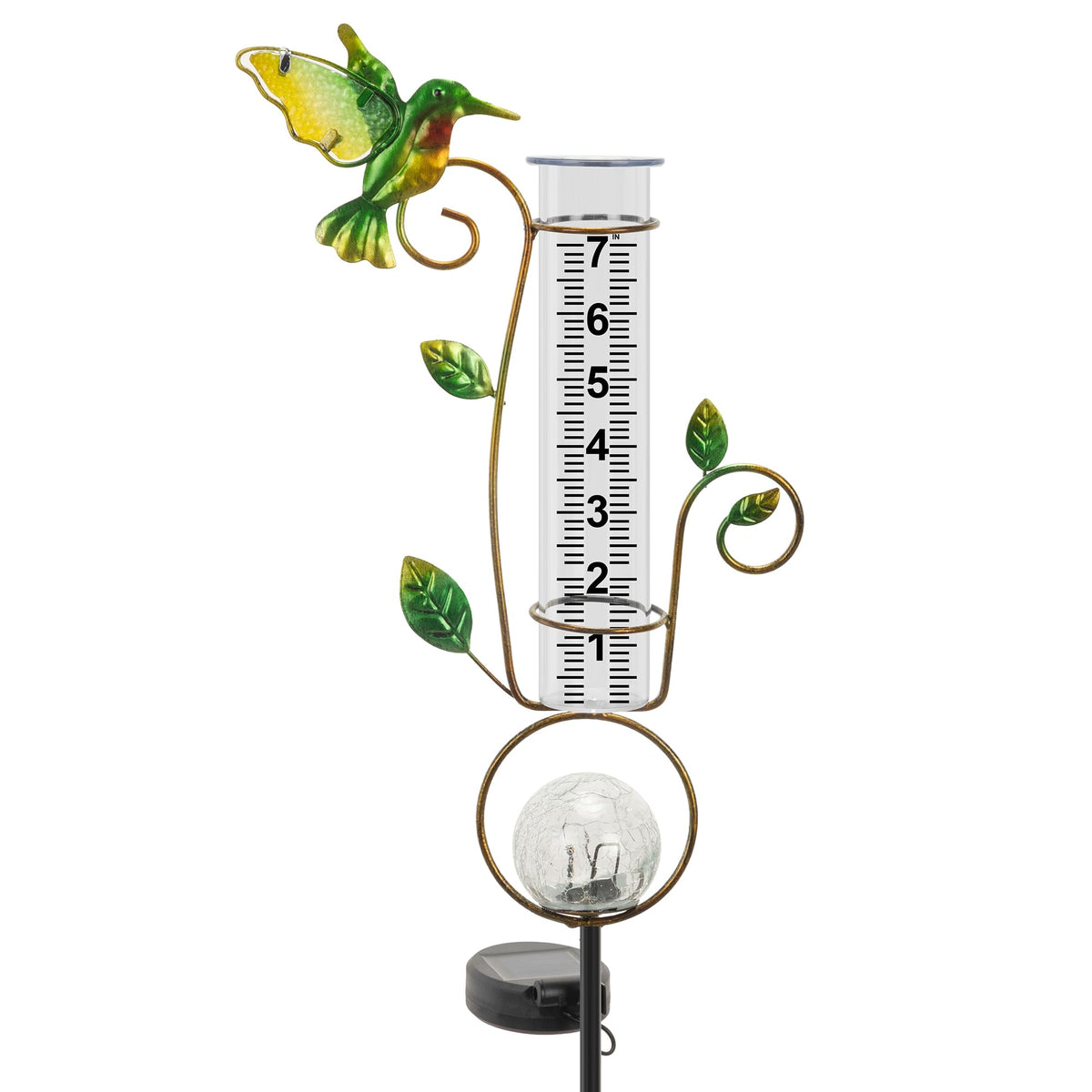 BUARO8AGA hummingbird front view showing rain gauge and stake, enhances garden decor
