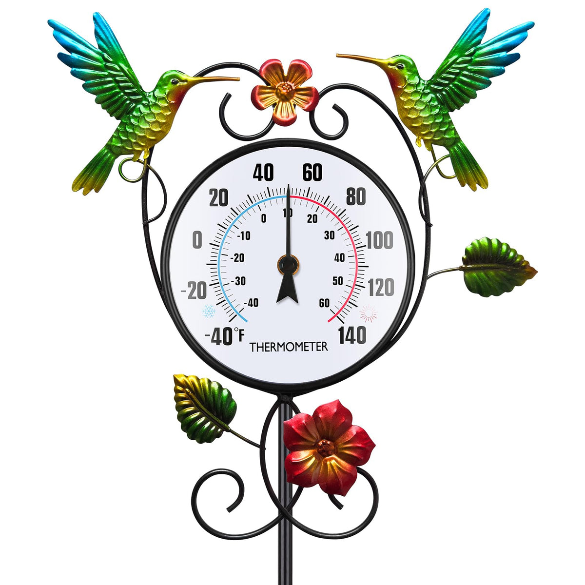 BUARO8AGA front view of hummingbird outdoor thermometer shows clear dial and decorative design for easy reading