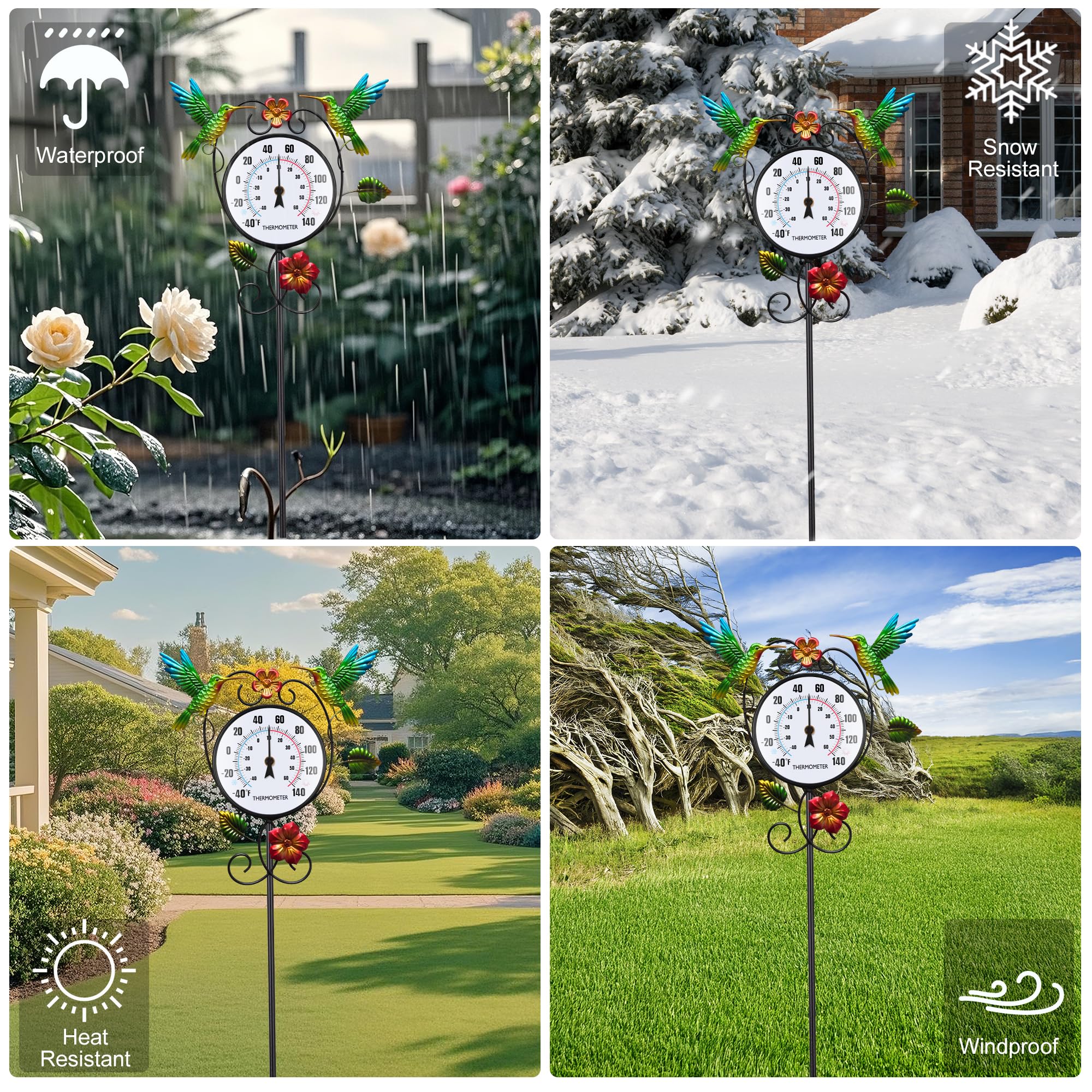 BUARO8AGA thermometer in a patio planter styled with plants showing decorative function and practical use
