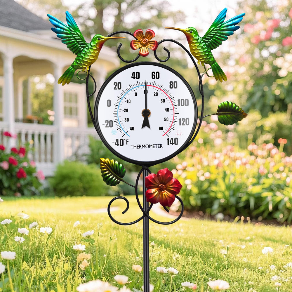 BUARO8AGA thermometer beside ruler for scale showing stake length and compact face for placement planning
