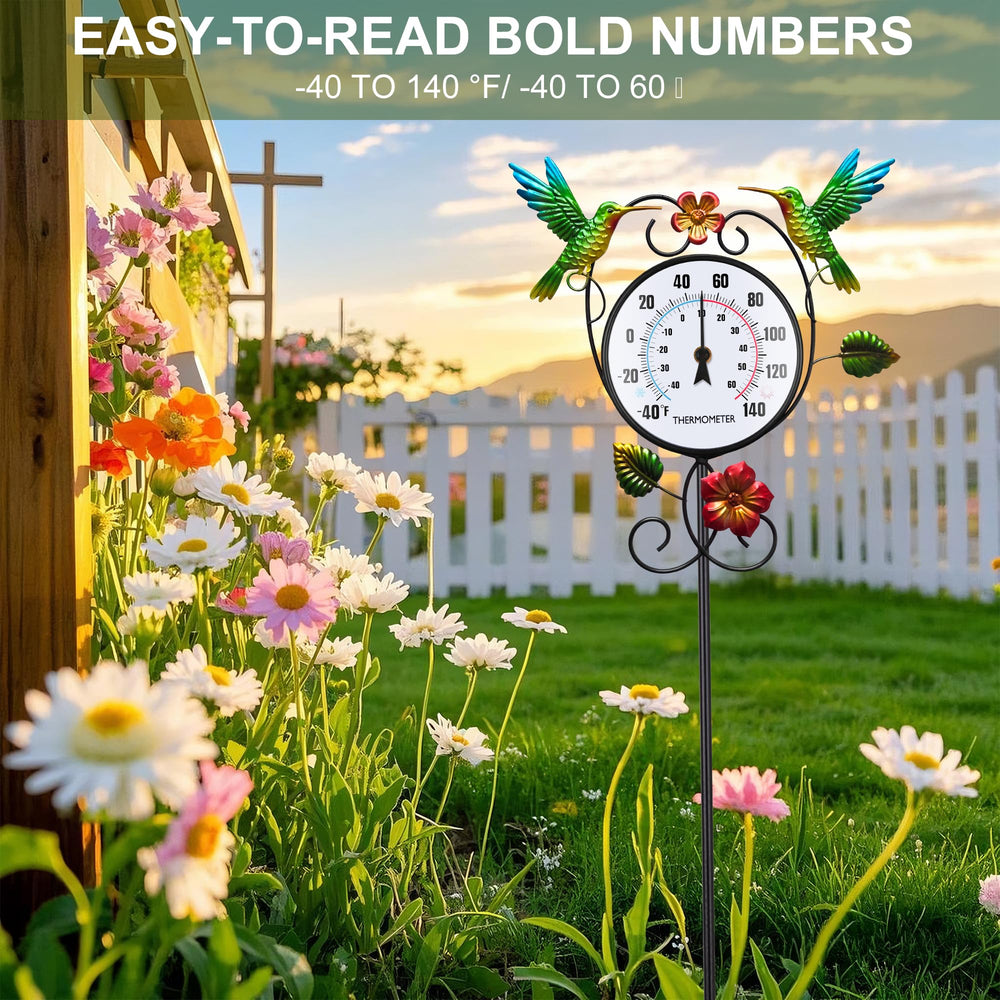 BUARO8AGA thermometer with 35.7-inch stake inserted into garden soil showing stable outdoor placement