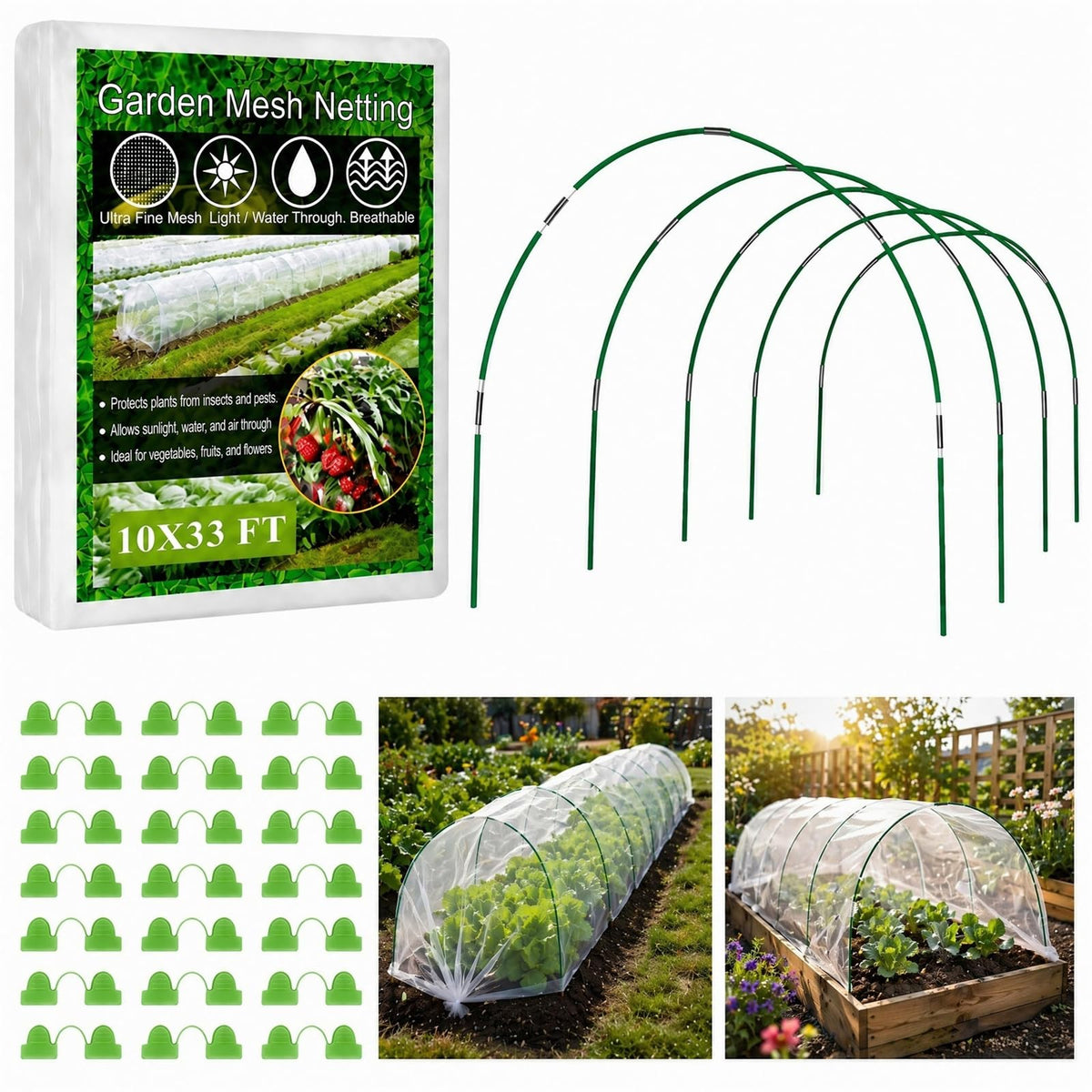 Buatkontly kit laid out showing netting and six fiberglass hoops, clear overview benefit