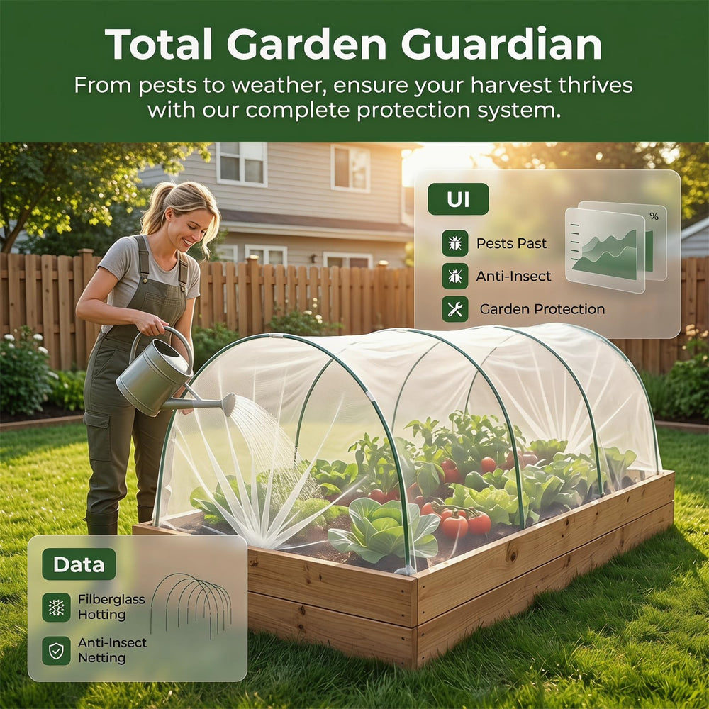 Buatkontly netting draped over a raised bed protecting seedlings while allowing light
