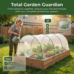 Buatkontly netting draped over a raised bed protecting seedlings while allowing light