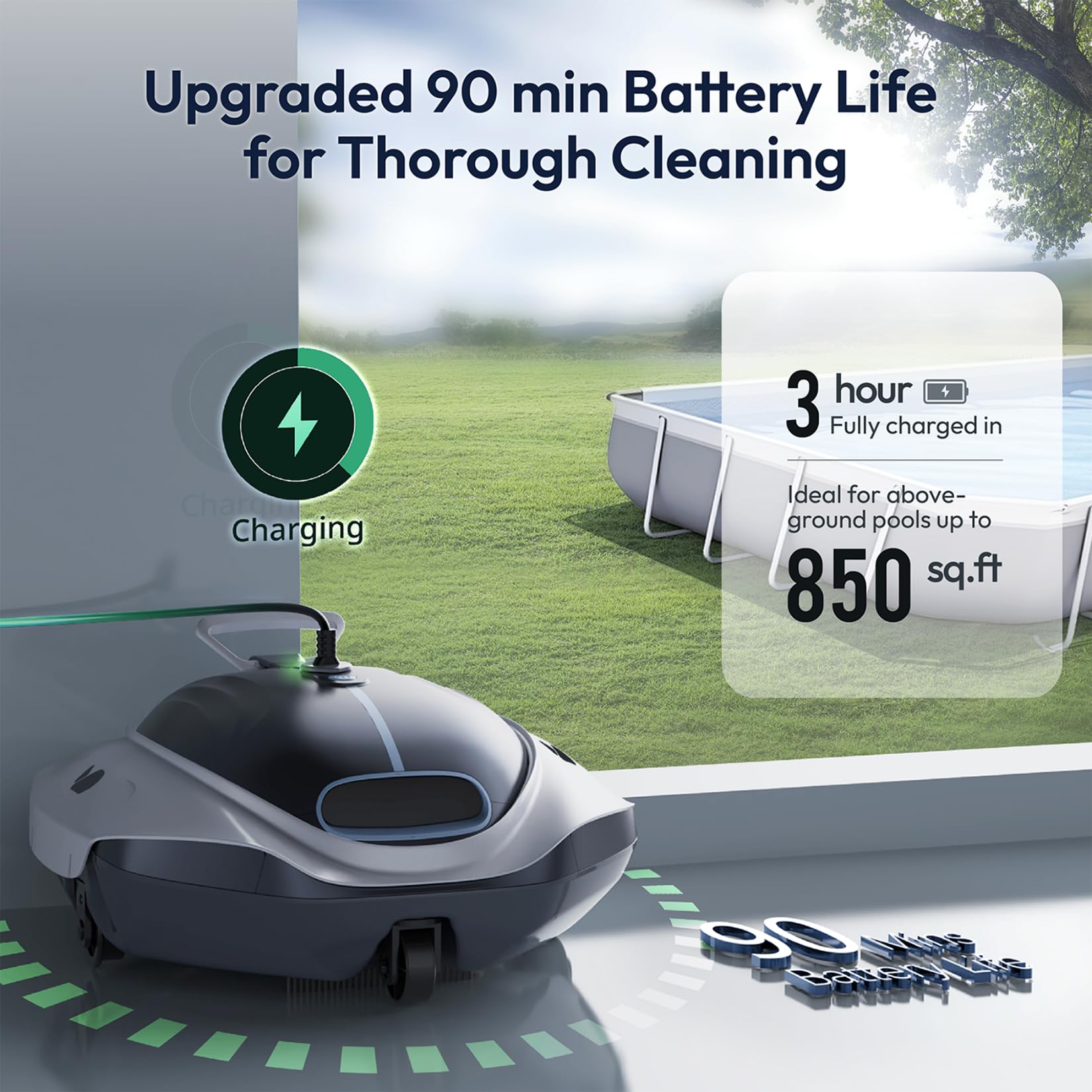 BUBLUE Bubot 300P on pool surface in backyard setting showing hassle-free maintenance benefit