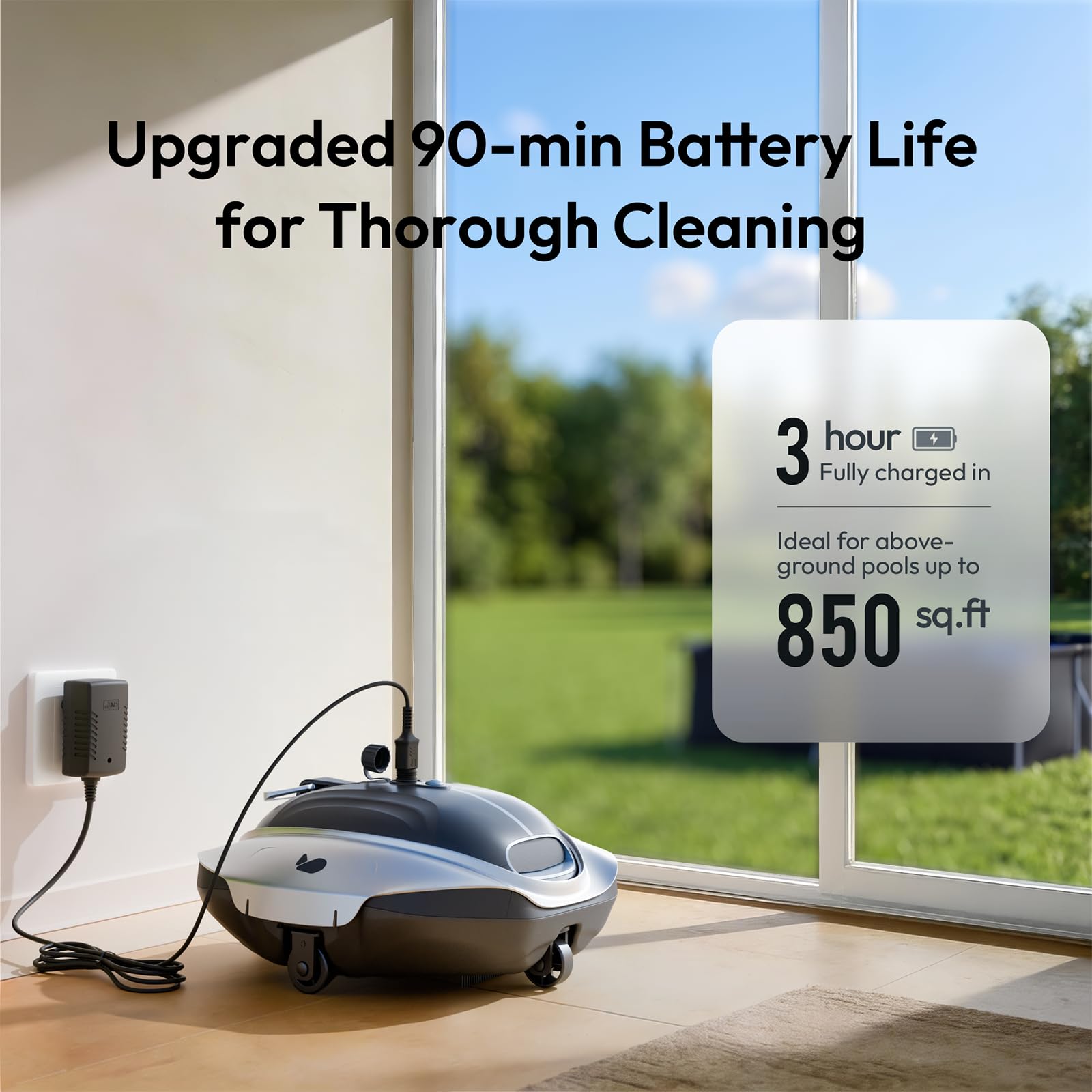 BUBLUE Bubot 300P on pool surface in summer lifestyle scene for effortless maintenance