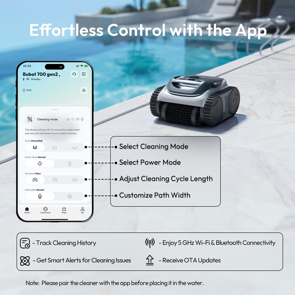 BUBLUE Bubot 700 app interface on smartphone enabling scheduling and remote control