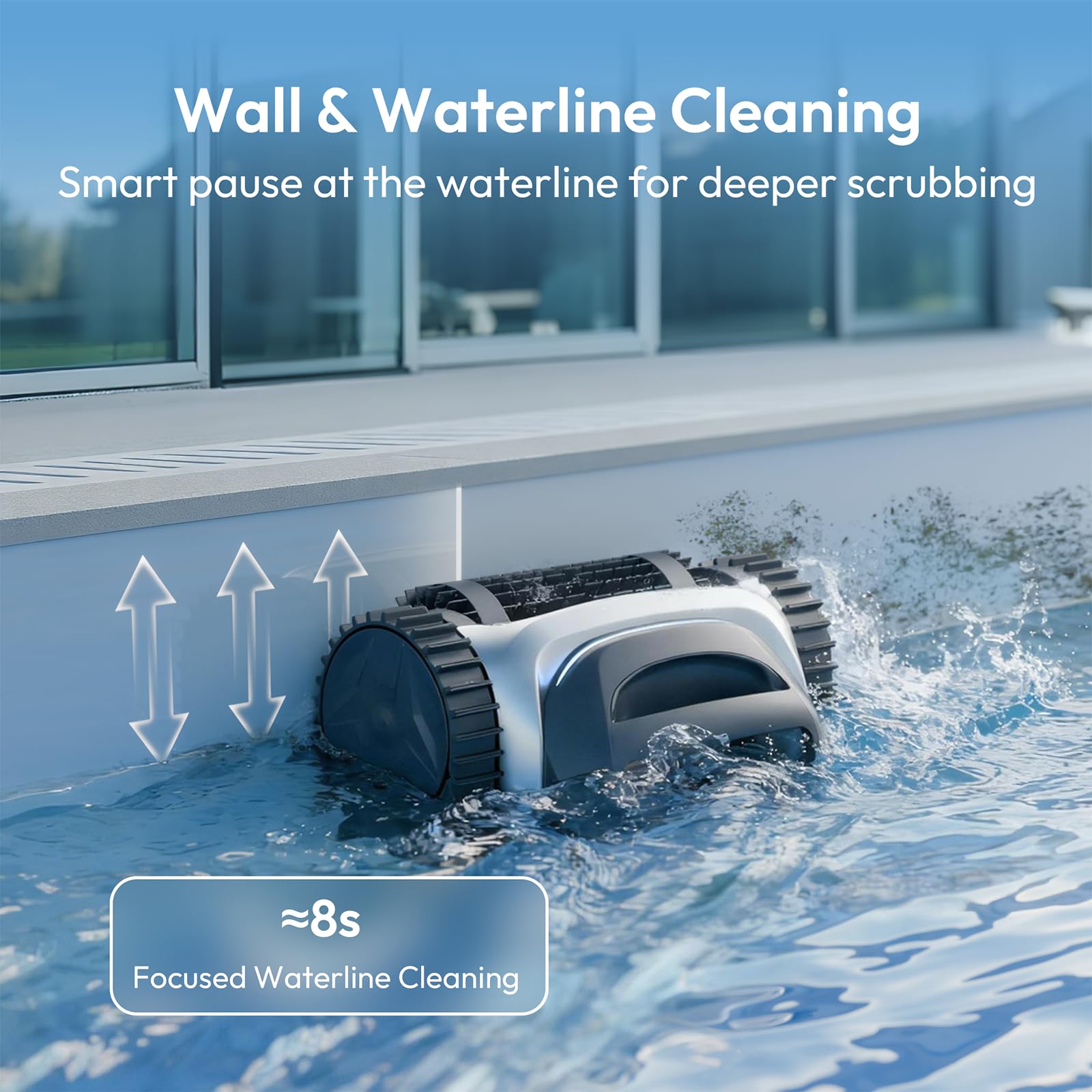 BUBLUE Bubot 700 scrubbing waterline showing focused stain and scum removal benefit
