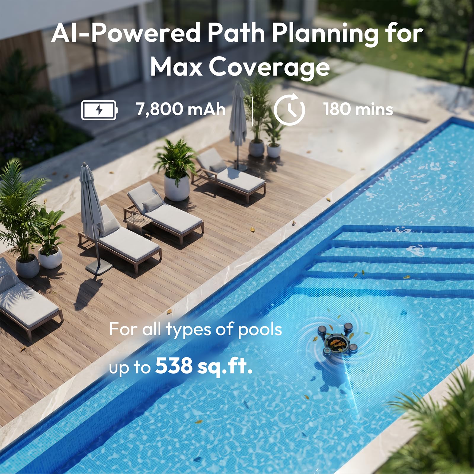 BUBLUE BuVortex V5 hugging pool edge and corner boosting targeted cleaning