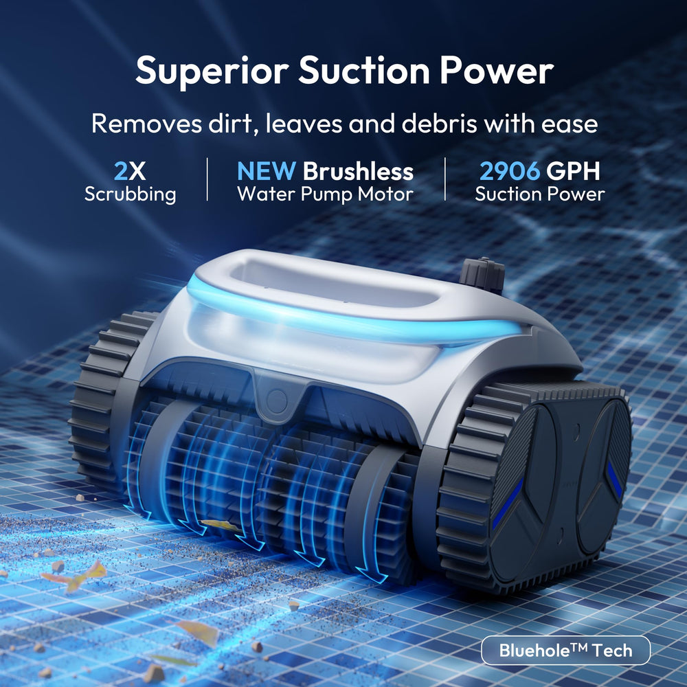 BUBLUE close-up of brush and suction inlet demonstrating powerful debris removal performance