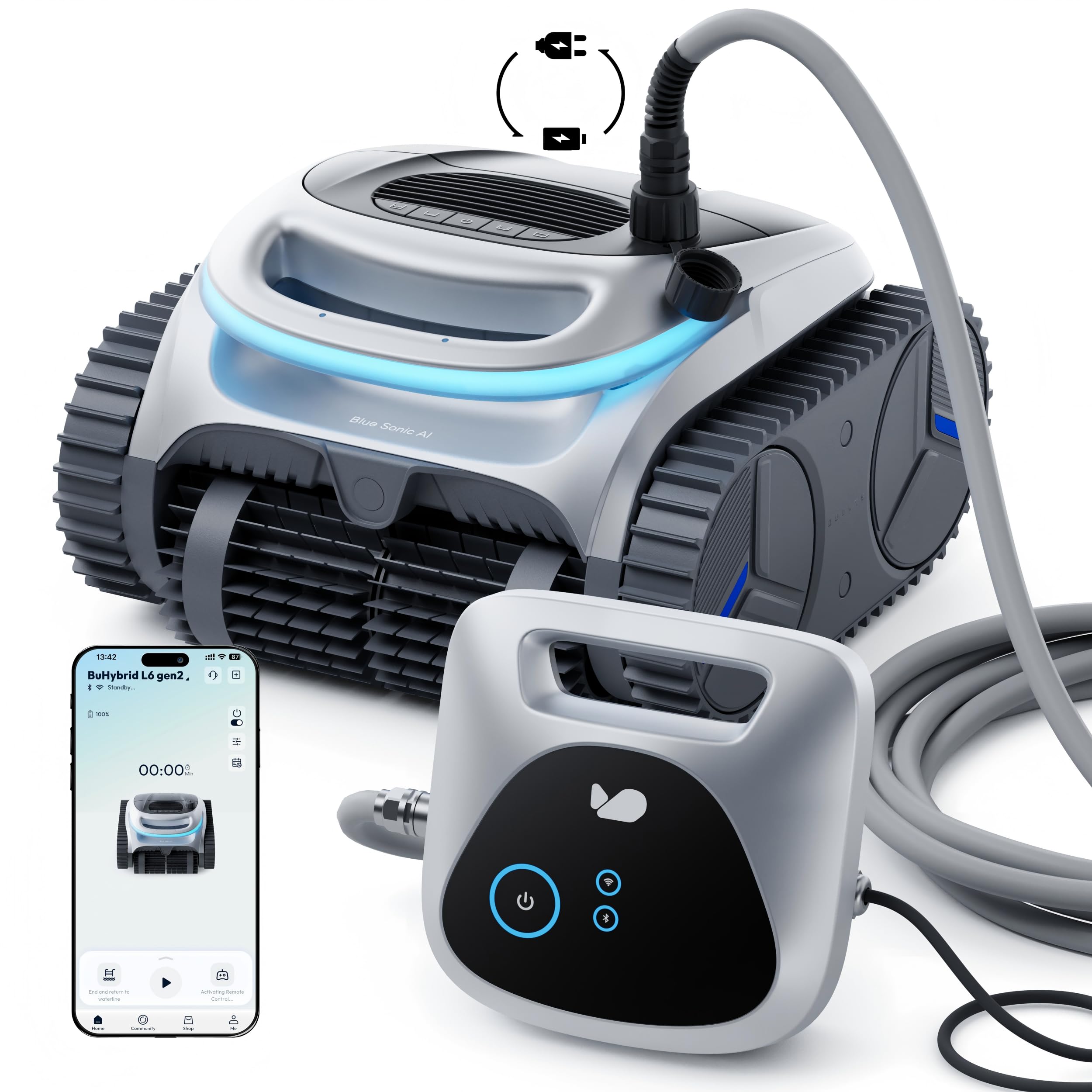 BUBLUE front view of BuHybrid L6 showing sleek matte silver body and controls for easy identification