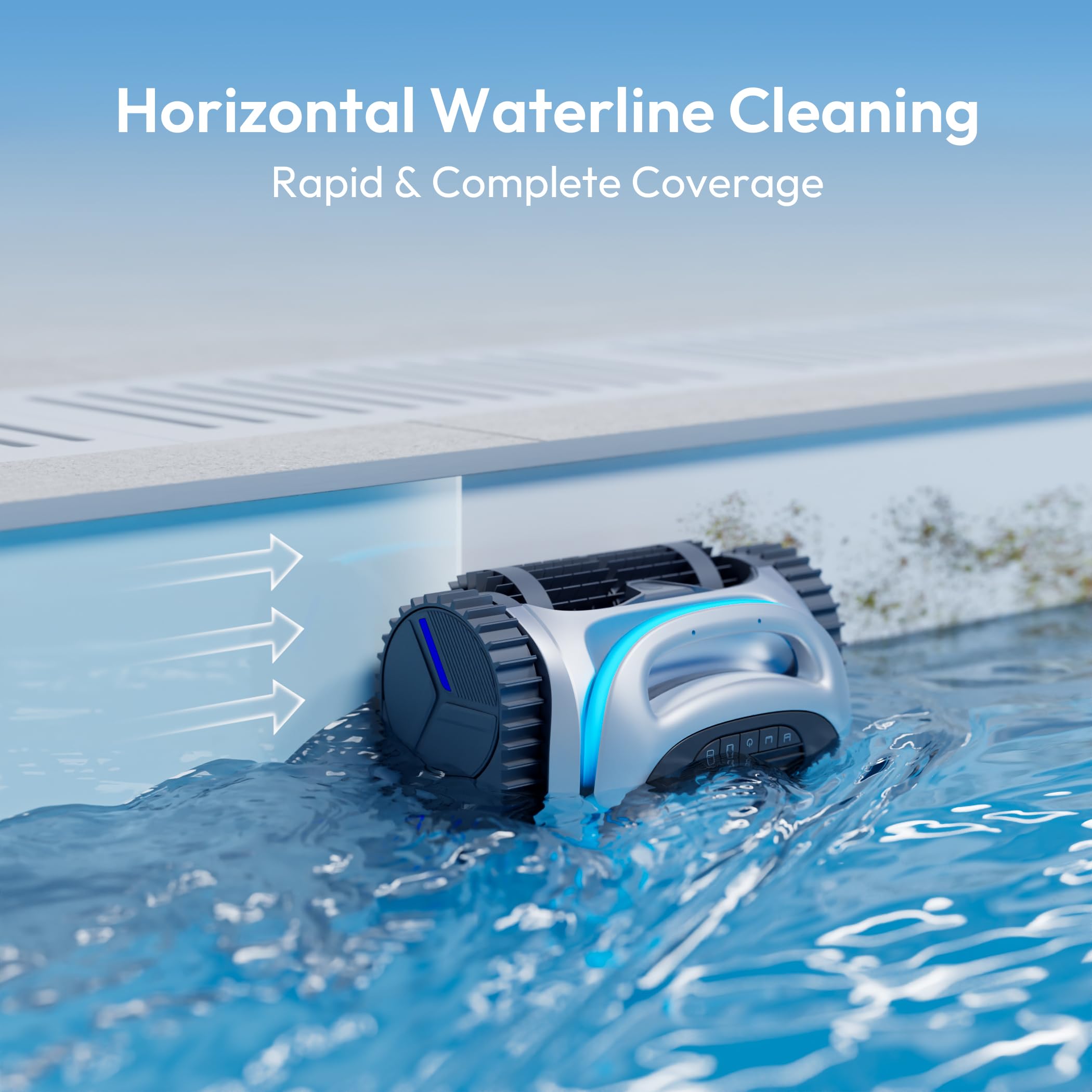 BUBLUE lifestyle poolside scene with cleaner in water demonstrating effortless pool maintenance