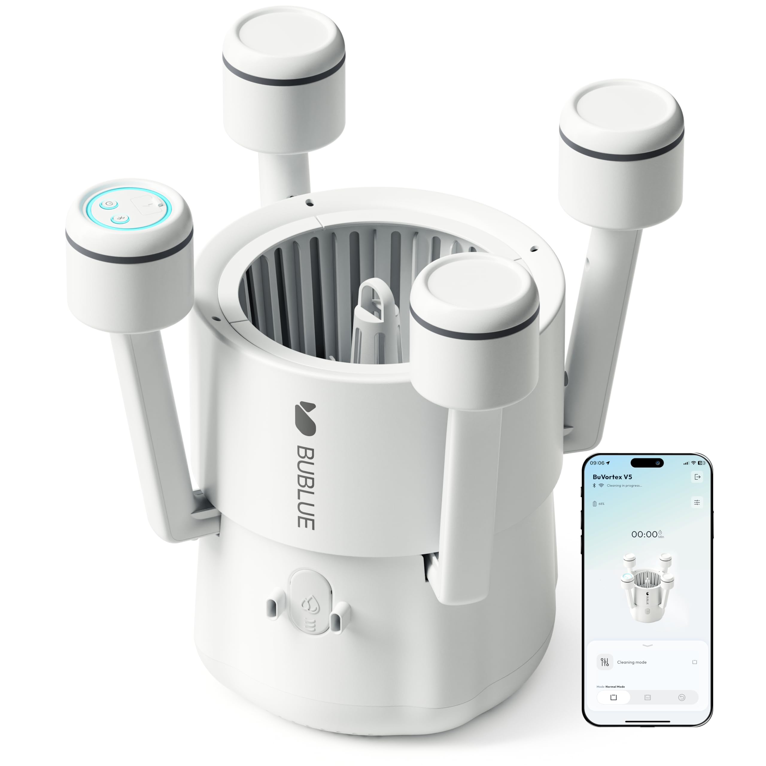 BUBLUE F10 front view showing sleek white housing and intake, efficient surface cleaning