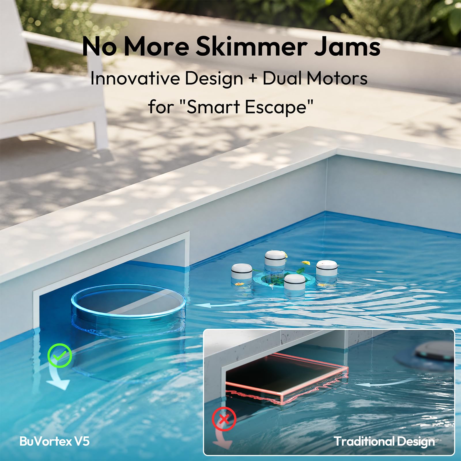 BUBLUE F10 operating on pool surface clearing leaves and oil films efficiently