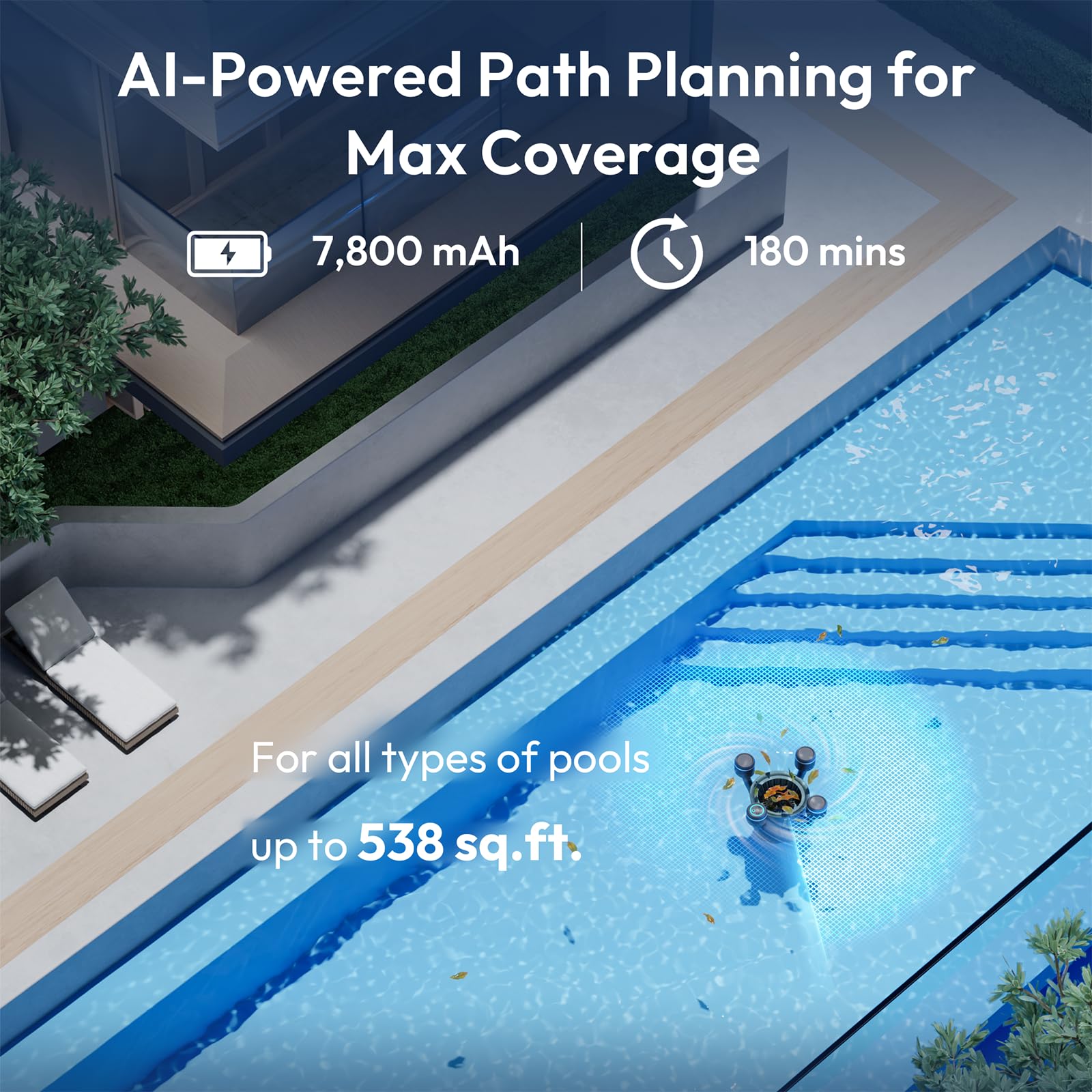 BUBLUE F10 beside pool ladder illustrating compact size and scale for storage