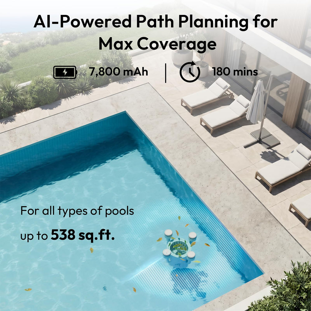 BUBLUE F10 beside a pool ladder for size comparison, shows compact portable footprint