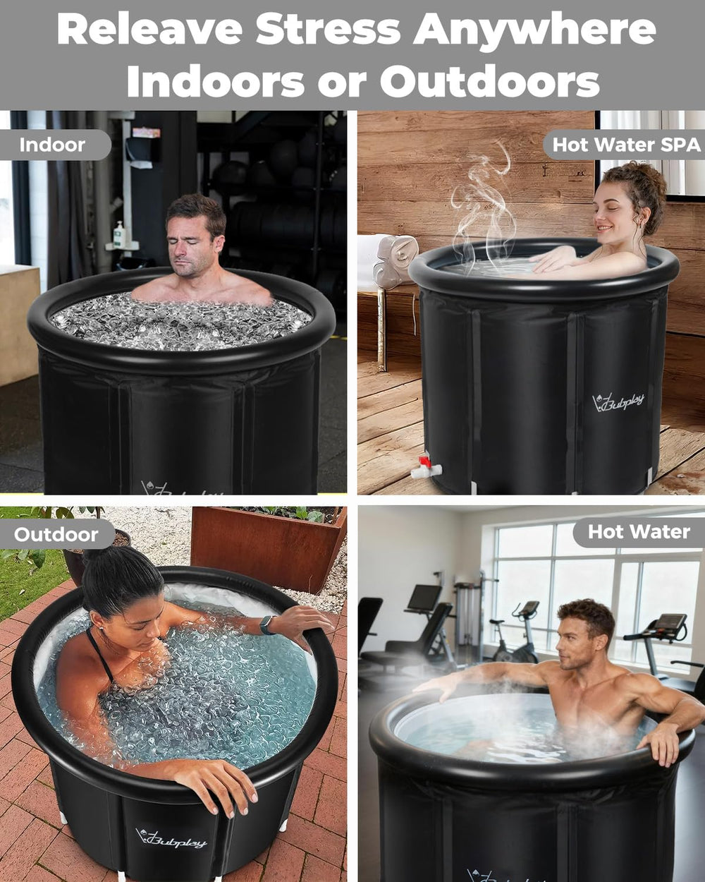 Bubplay filled tub outdoors demonstrating full-body immersion benefit