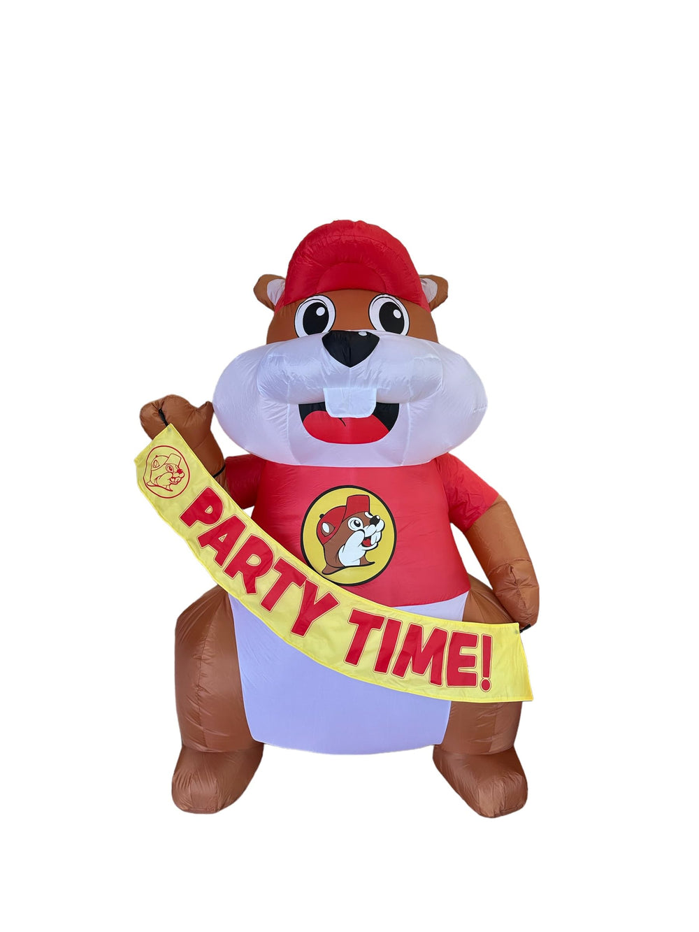 Buc-ee's inflatable beaver front view glowing at night for welcoming curb appeal