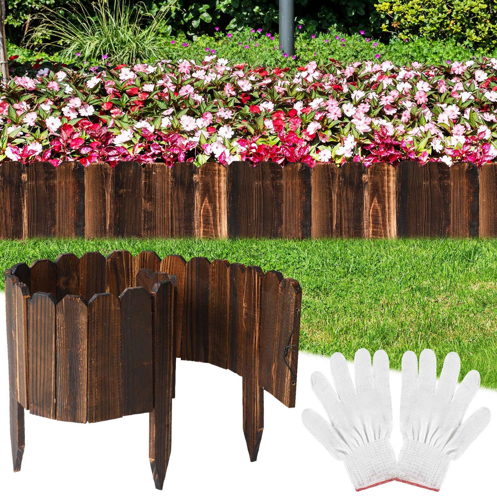 Bucherry front view of bundled wooden garden edging showing vintage finish and gloves benefit