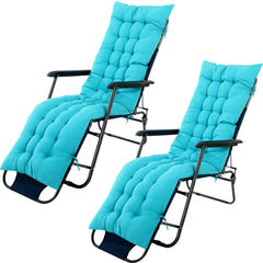 Bucherry front view of two lake blue chaise lounger cushions showing full length and color, comfortable seating