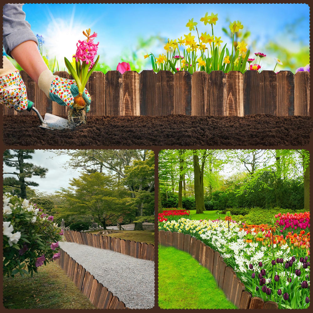 Bucherry garden edging next to ruler showing panel dimensions and scale benefit