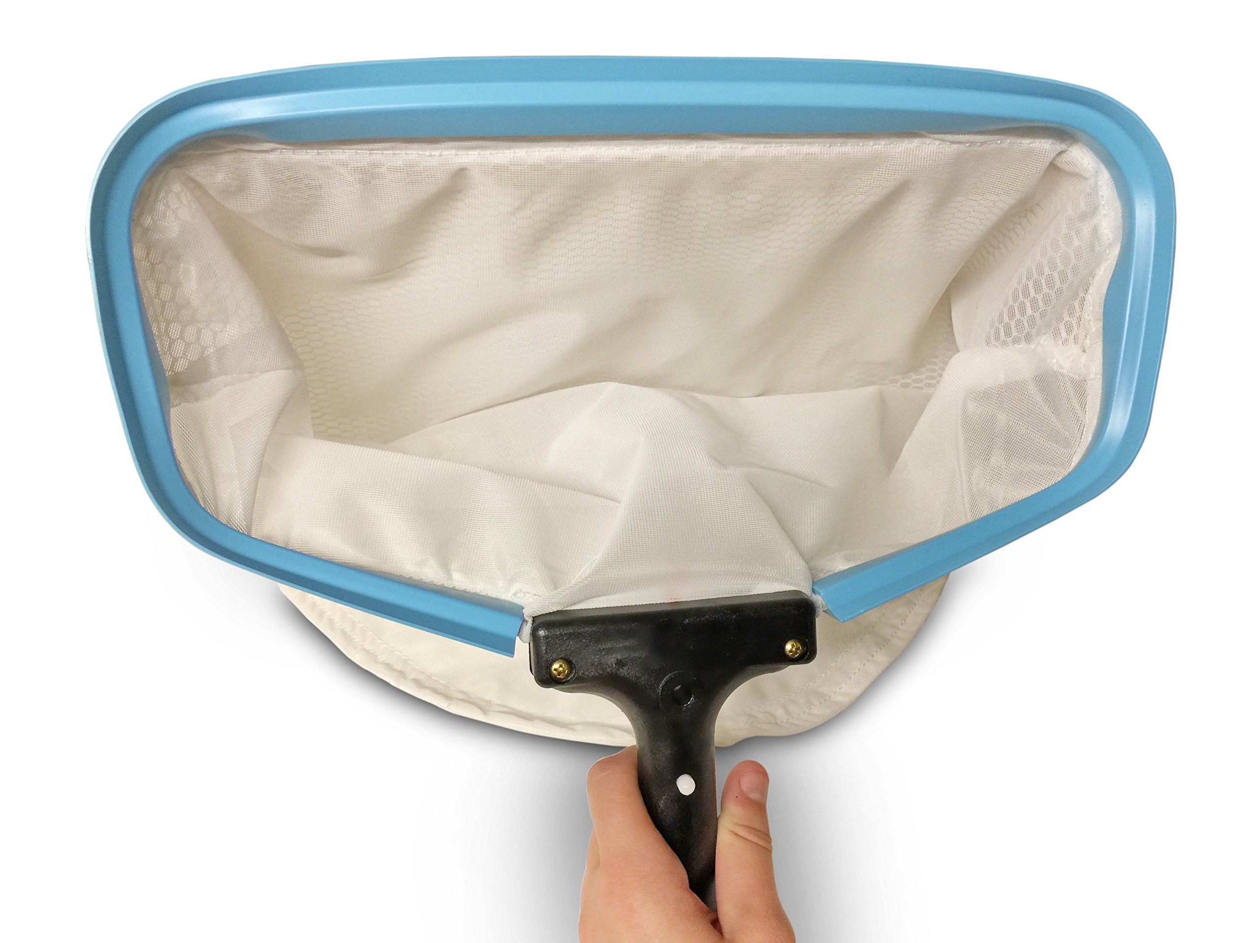 BUCKET PROS Triluca attached to a standard pole reaching pool edge for easier maintenance