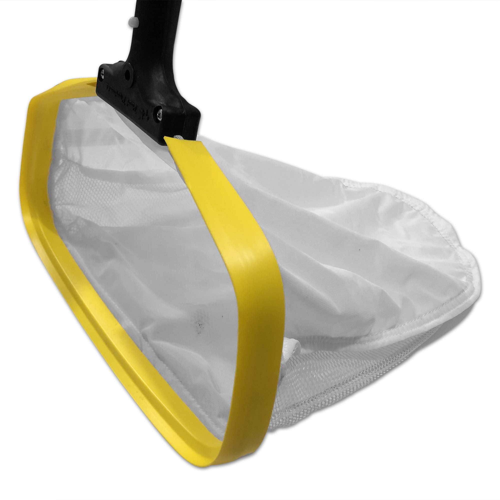 BUCKET PROS skimmer front view showing sturdy steel frame and 14 inch opening for reliable scooping