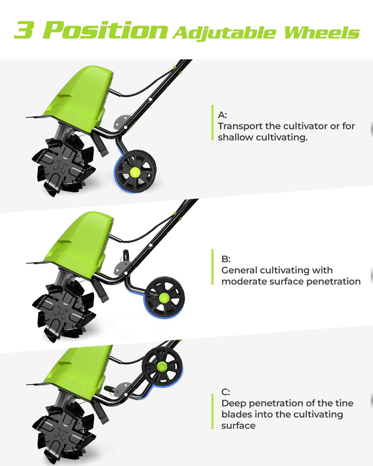 BUCOTOD side view of adjustable depth wheel to control tilling depth and stability