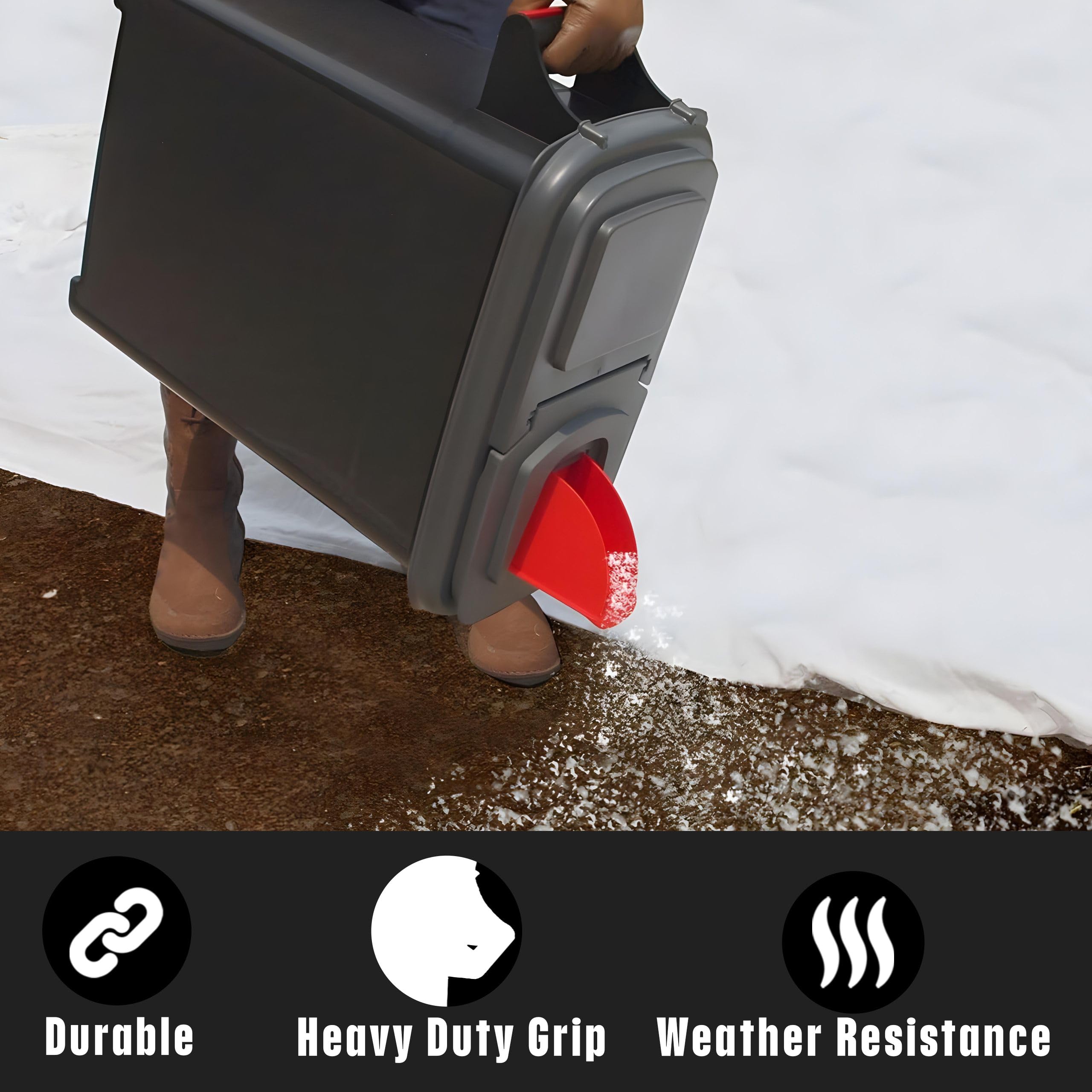 Buddeez dispenser in use pouring ice melt onto walkway for precise, mess-free application