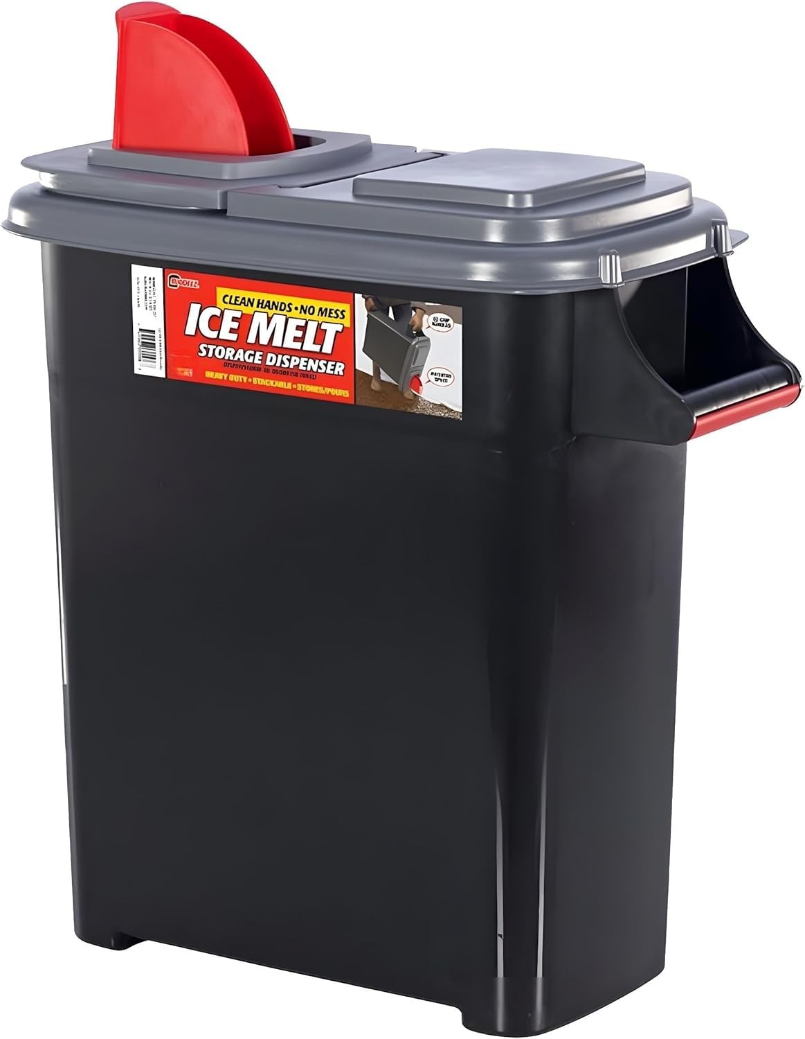 Buddeez front view of dispenser showing handles and stackable lid for organized storage