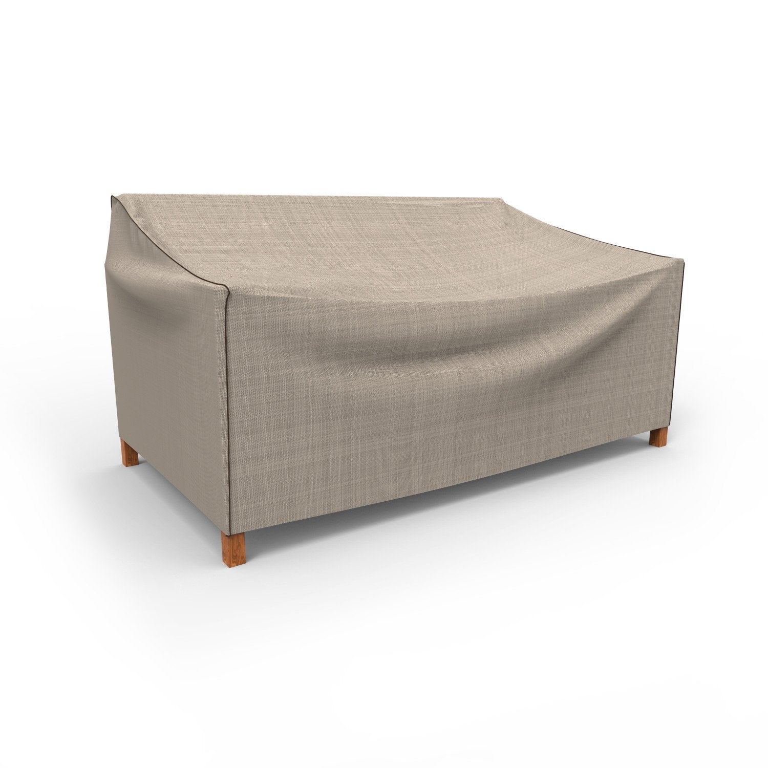Budge cover front view showing full sofa protection and elegant tan design