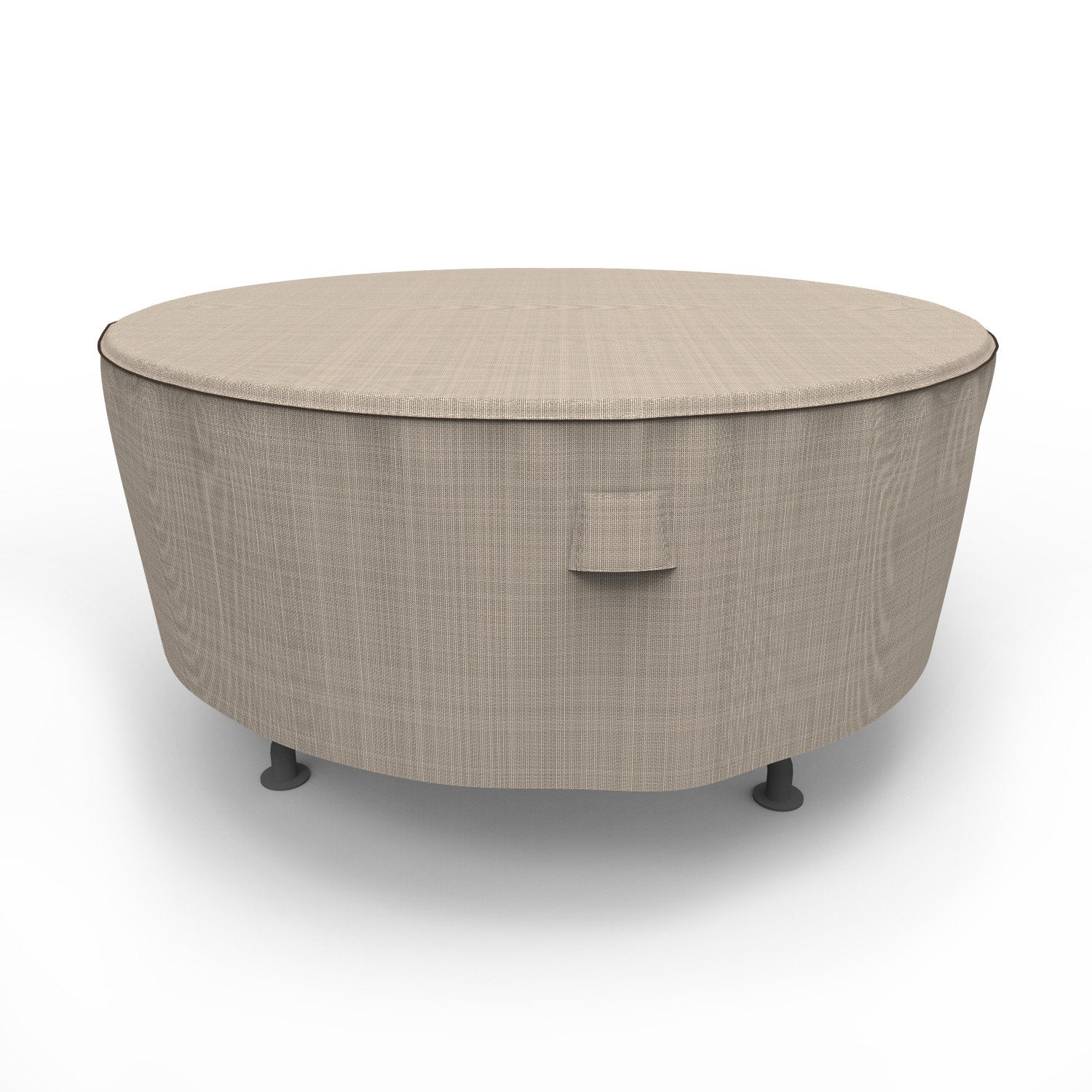 Budge front view of cover on round patio table showing full protection