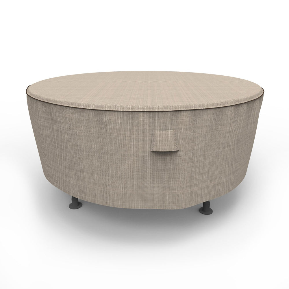 Budge front view of cover on round patio table showing full protection