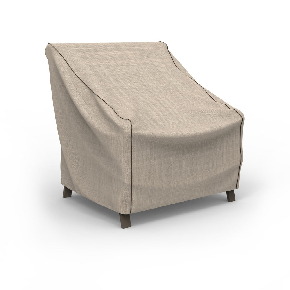 Budge front view of medium chair cover showing full tan tweed protection