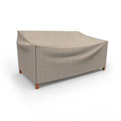 Budge cover front view showing full sofa protection and elegant tan design
