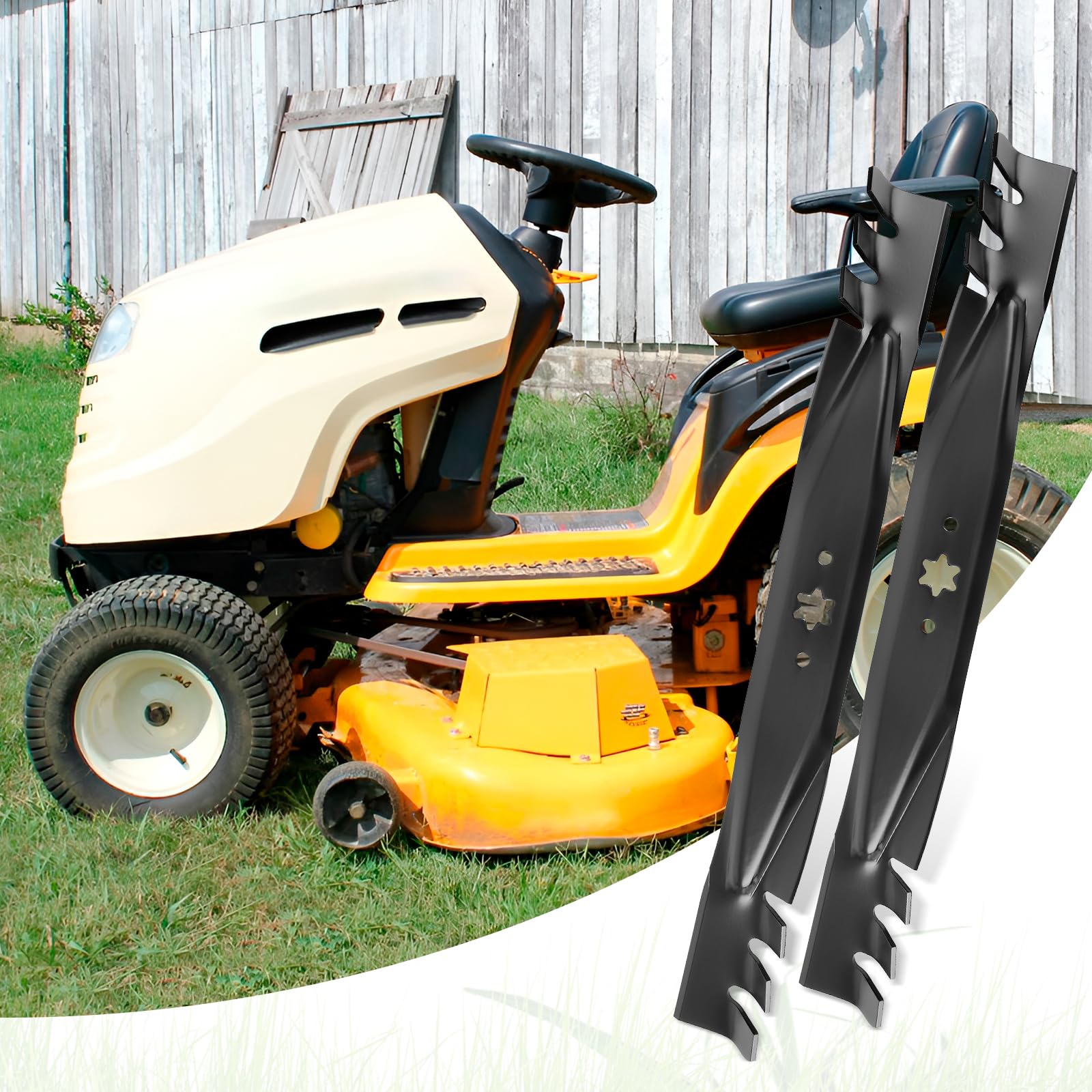 budrash blades on a mower cutting grass illustrating improved mulching results