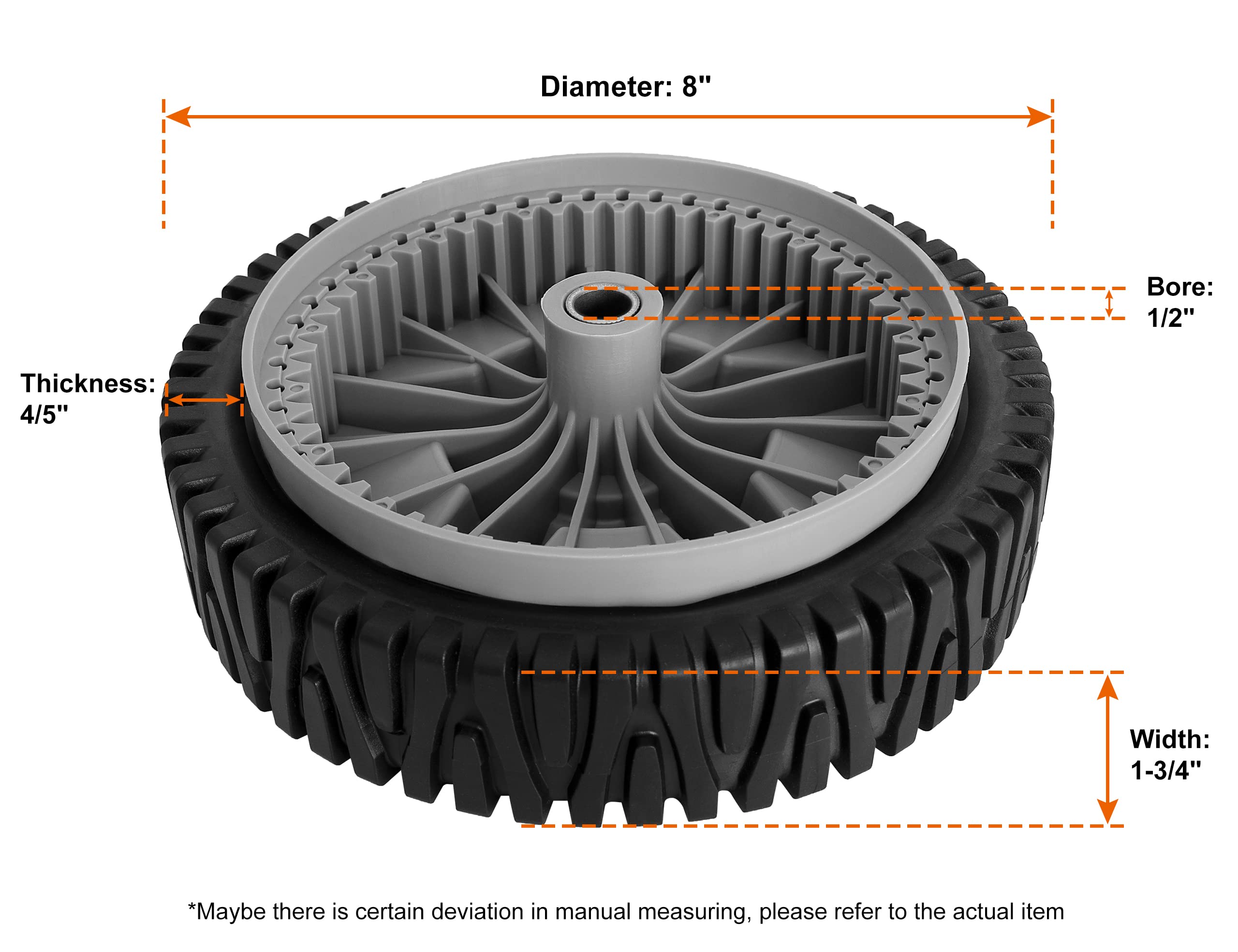 budrash wheel closeup tread detail highlighting staggered rubber tread for quieter operation