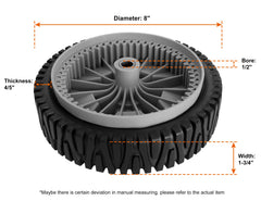 budrash wheel closeup tread detail highlighting staggered rubber tread for quieter operation