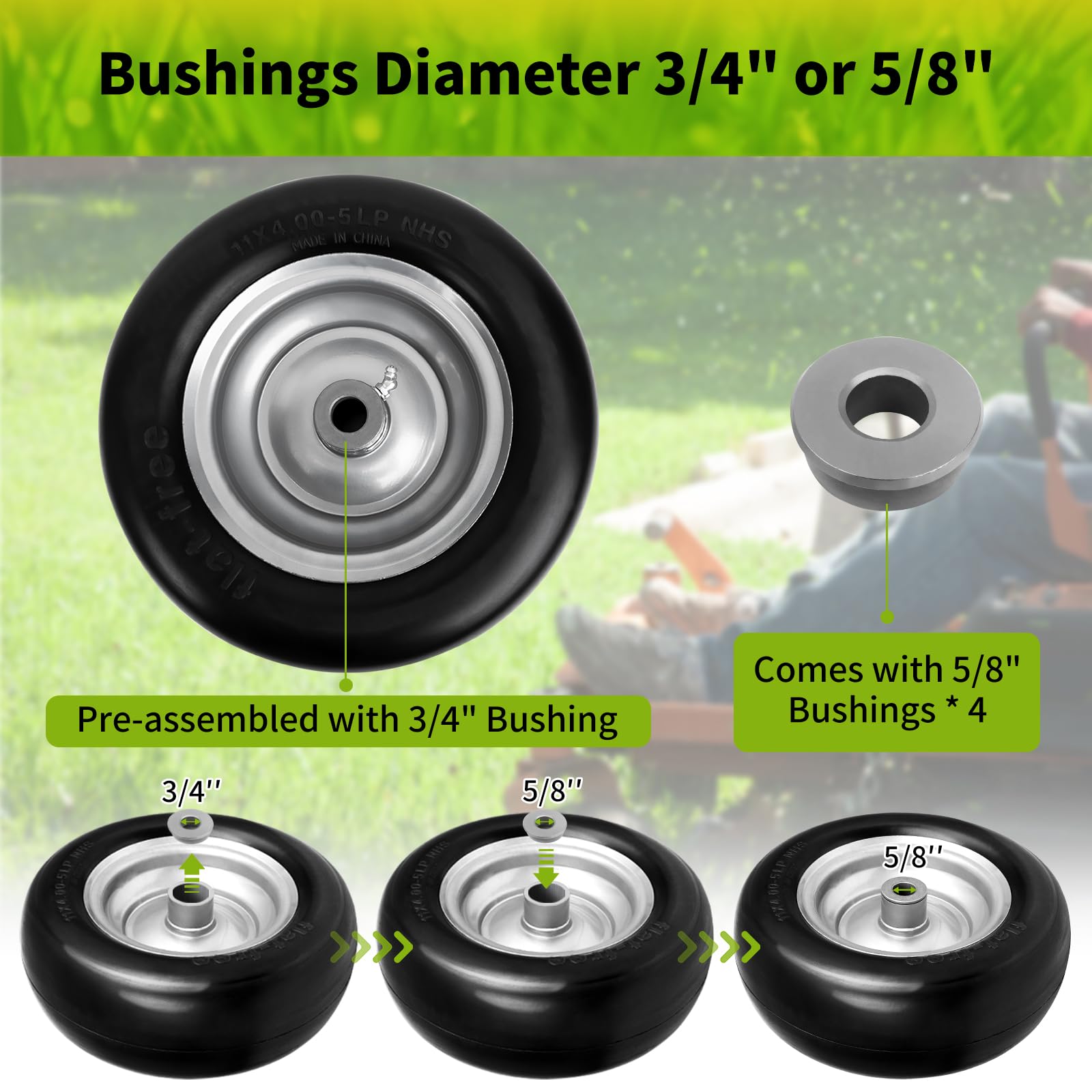 budrash wheel mounted on a zero-turn mower front, puncture-free reliability in use