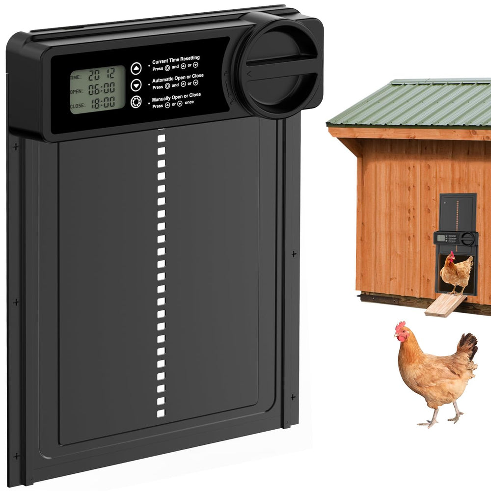 Budsom front view of coop door showing secure closed position and sturdy frame benefit