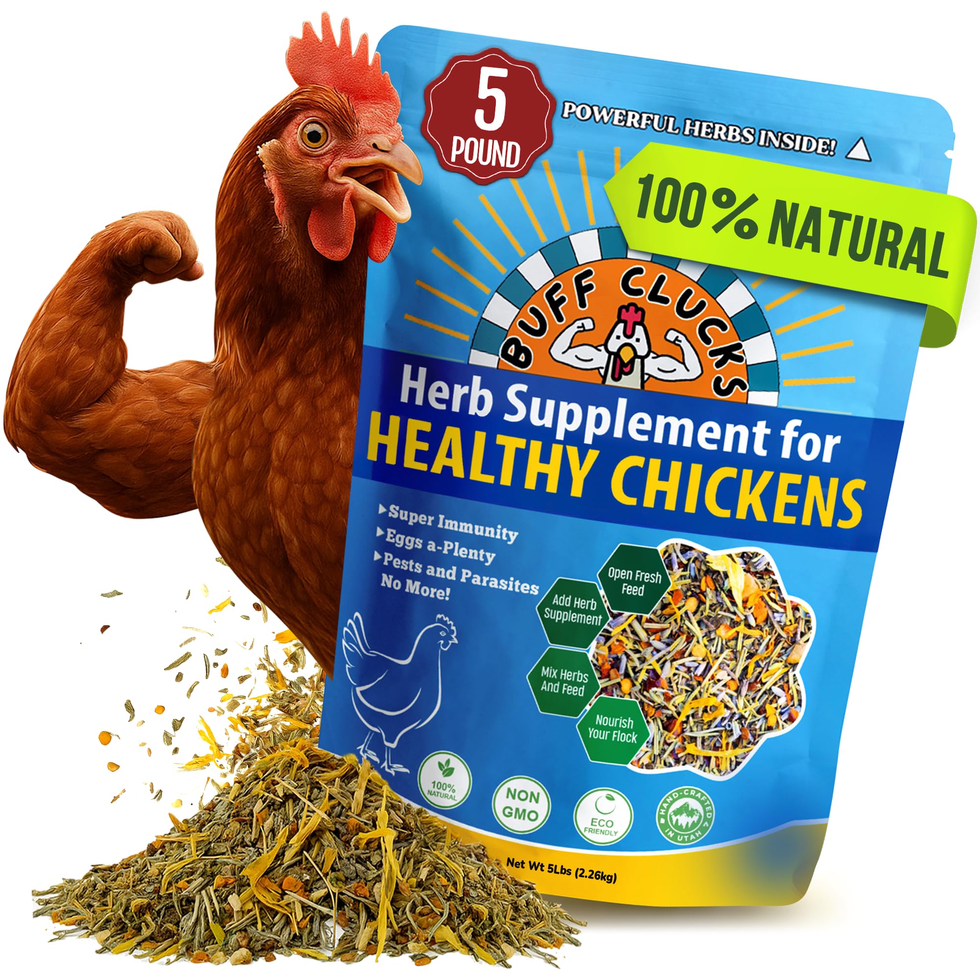 Buff Clucks front packaging showing 5 lb bag and branding benefit