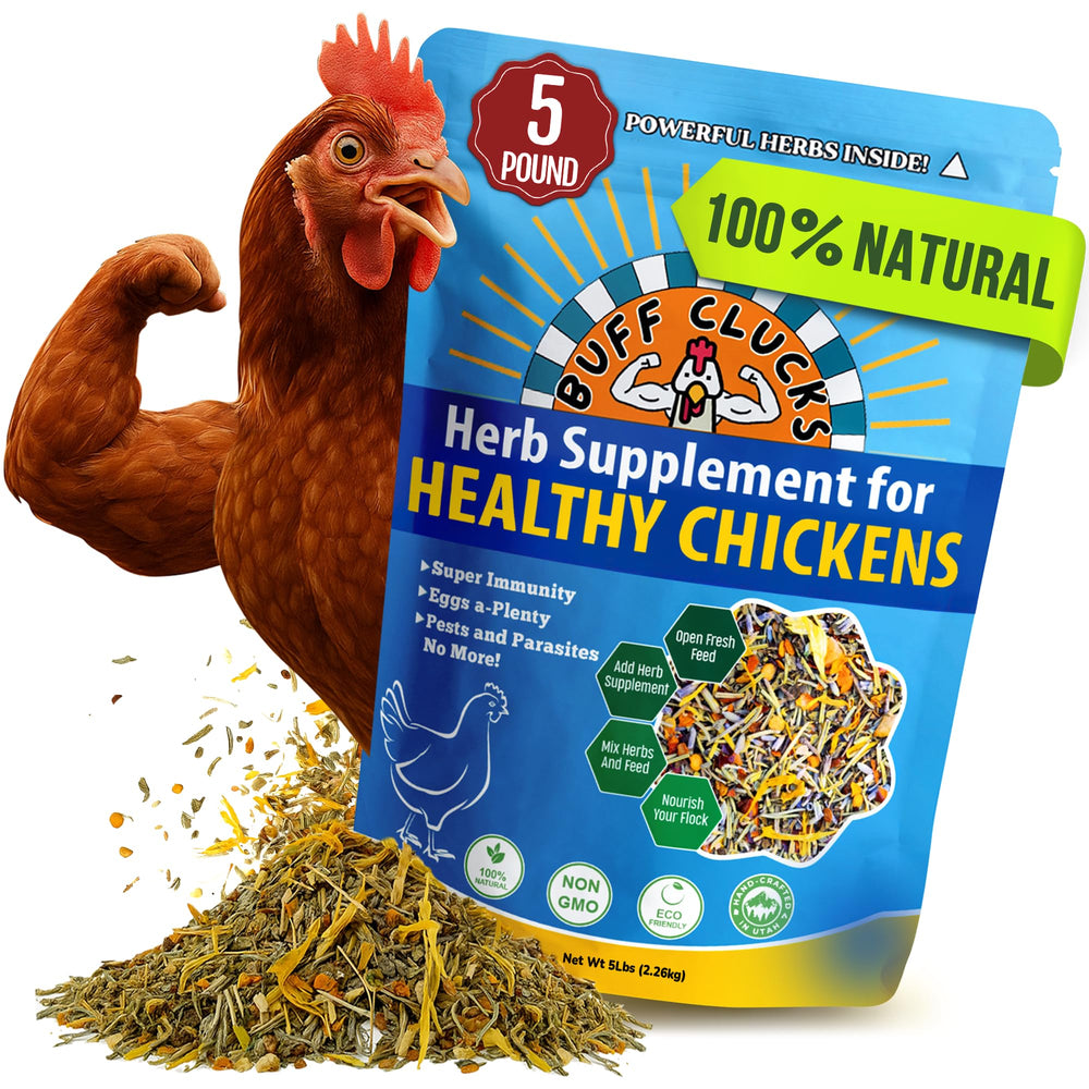 Buff Clucks front packaging showing 5 lb bag and branding benefit
