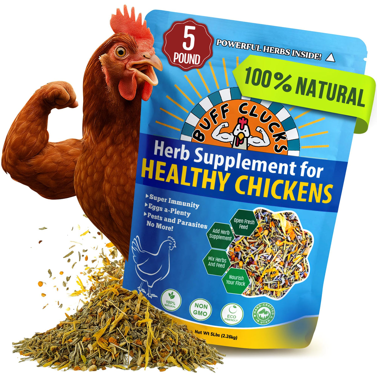 Buff Clucks front packaging showing 5 lb bag and branding benefit