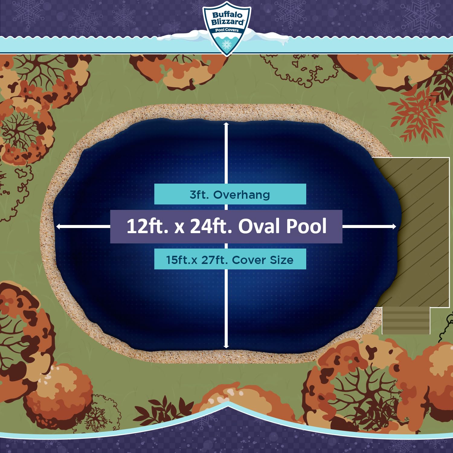 Buffalo Blizzard cover installed on oval pool showing full overlap and debris protection