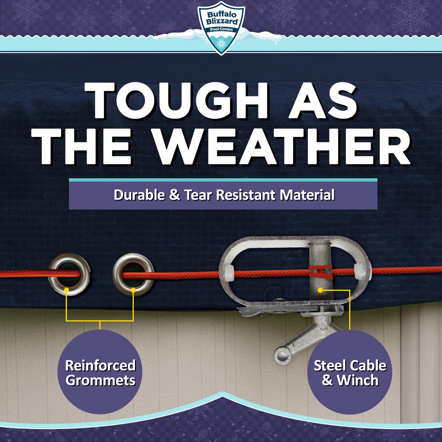 Buffalo Blizzard reinforced grommet with cable and winch for secure fit