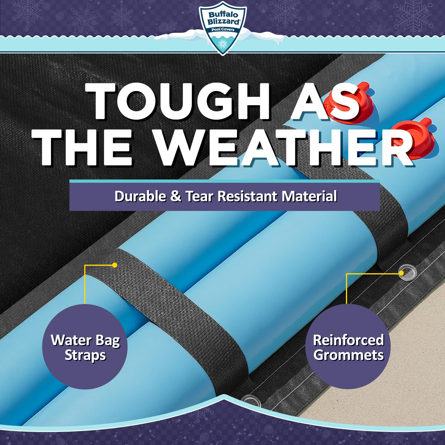 Buffalo Blizzard cover beside measuring tape illustrating 5' overlap and size compatibility