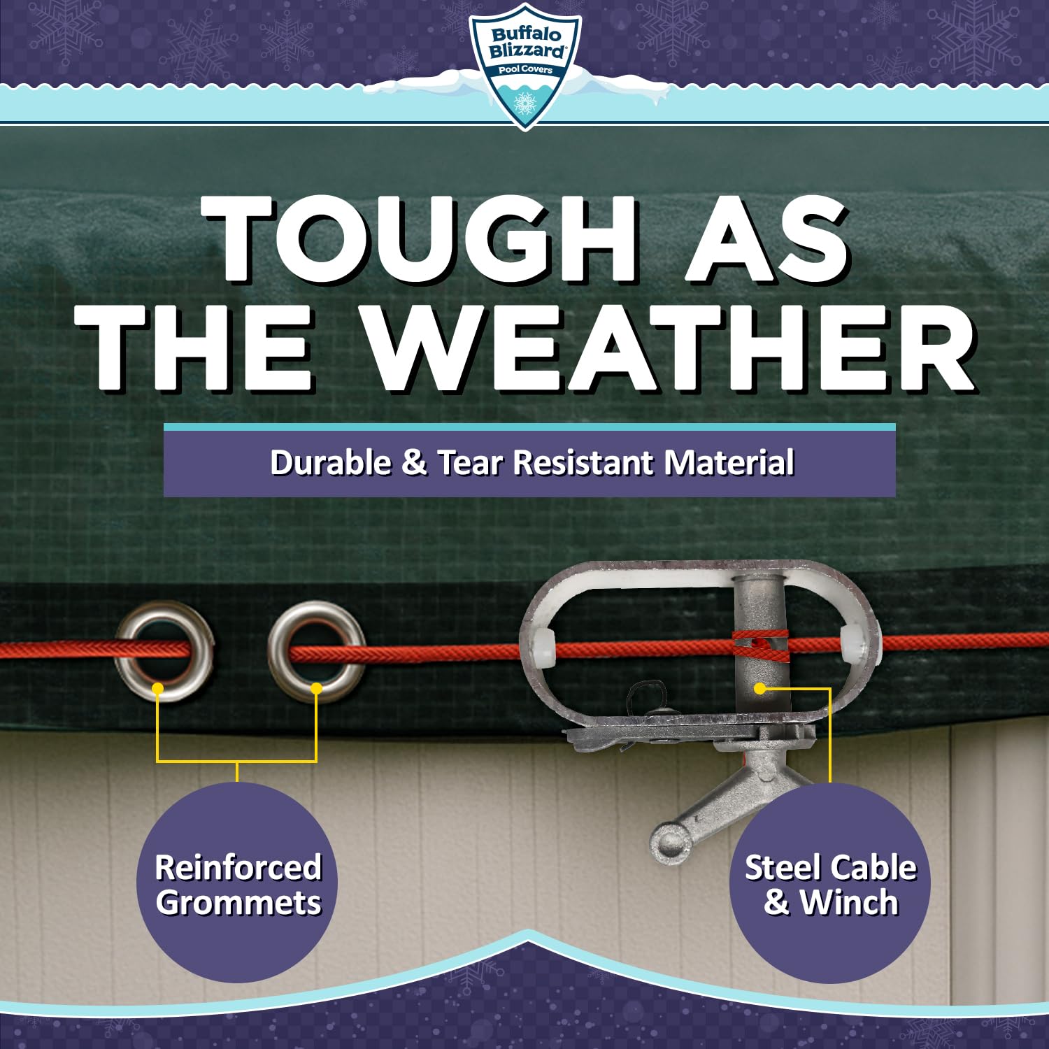 Buffalo Blizzard installed on 24 ft pool demonstrating secure fit
