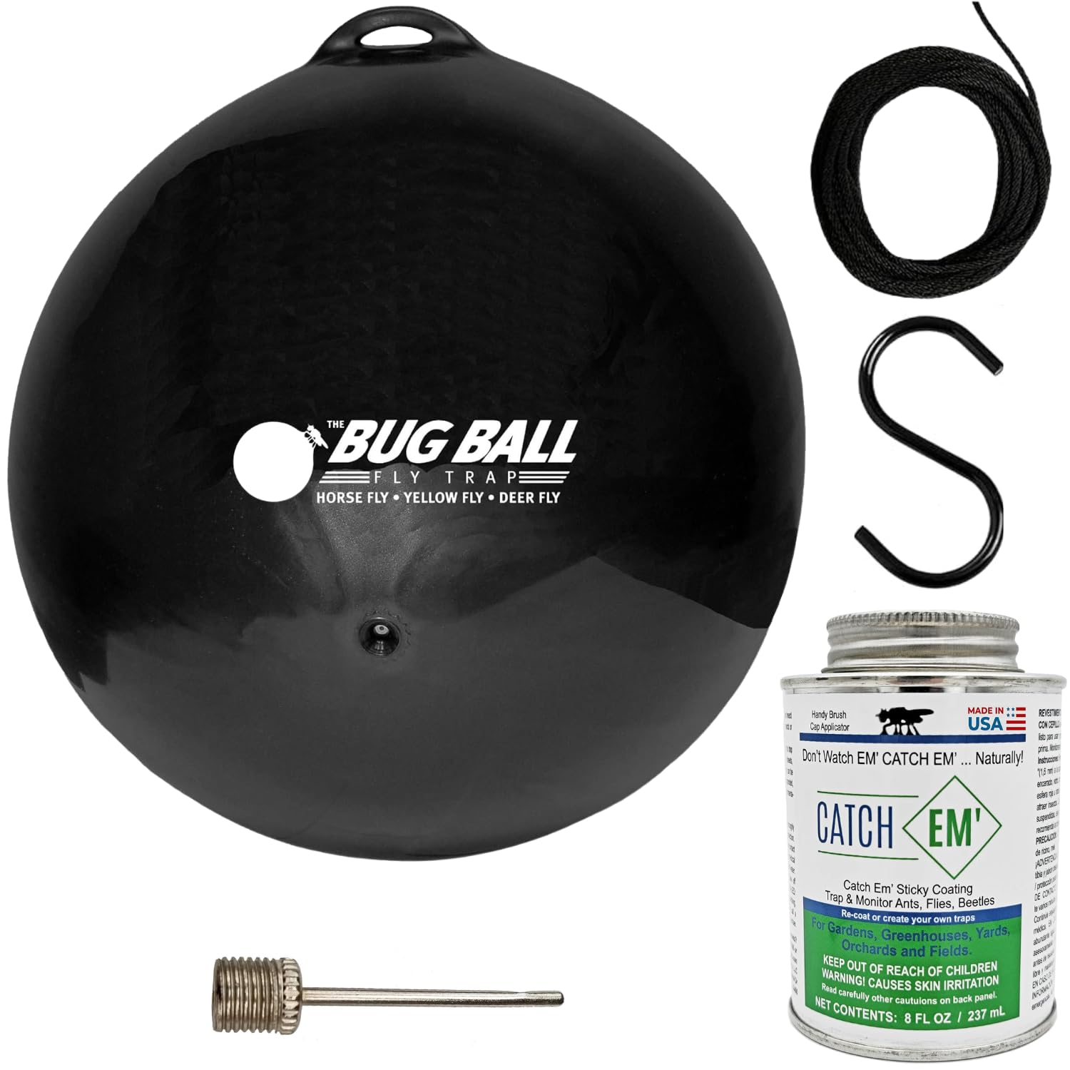 Bug Ball front packaging showing three traps and Catch EM' for easy setup