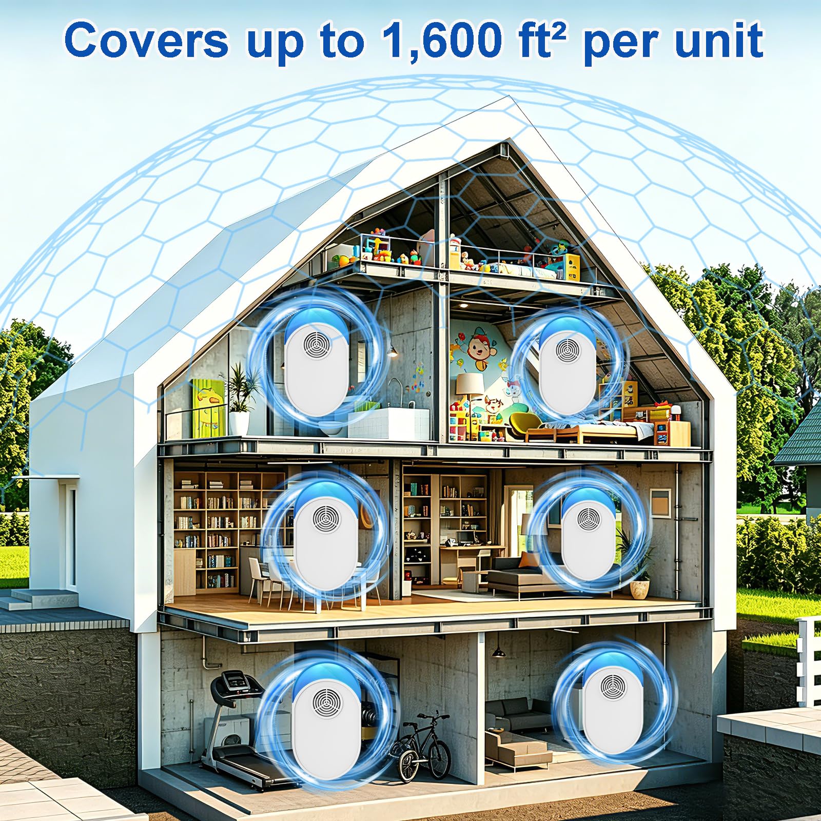 bugbeat coverage illustration showing whole-room ultrasonic reach up to 1,600 sq ft