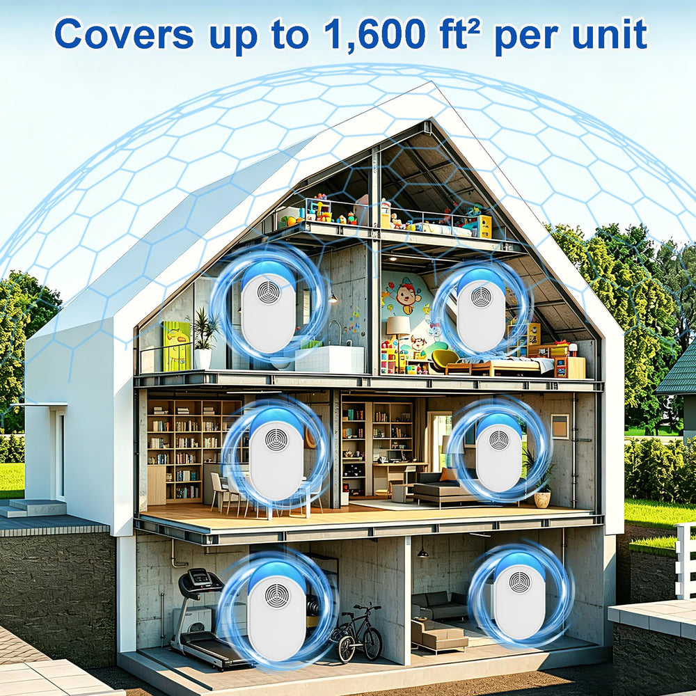 bugbeat coverage illustration showing whole-room ultrasonic reach up to 1,600 sq ft